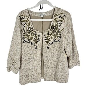 Coldwater Creek Jacket Womens 12 Beige Beaded Scroll Open Front Floral Lined